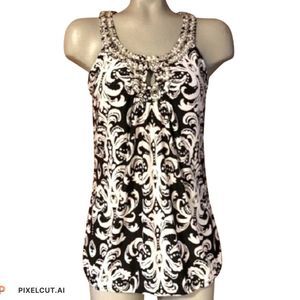 INC International Concepts Black & White Beaded Gemstone Blouse